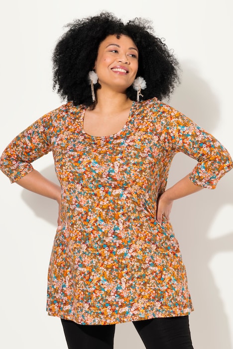 Longshirt, Blüten, A-Linie, Rundhals, 3/4-Arm