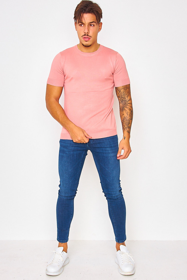 T-shirt rose côtelé manches courtes