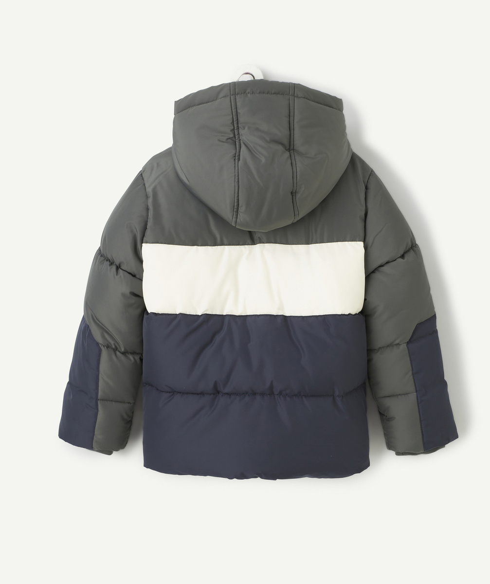 DOUDOUNE GARÇON EN REMBOURRAGE RECYCLÉ COLORBLOCK KAKI ET BLEU