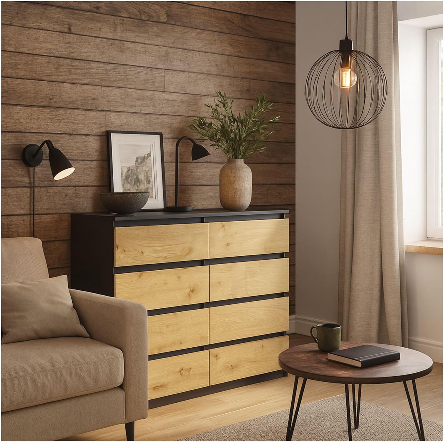 CDF Kommode Anthrazit Artisan mit 8 Schubladen 40 cm Tief Komodenschrank Komode für Wohnzimmer Schlafzimmer Schubladenschrank Malm Kommode viel Stauraum Geeignet Organizer Kleidung 120cm Breite Modern