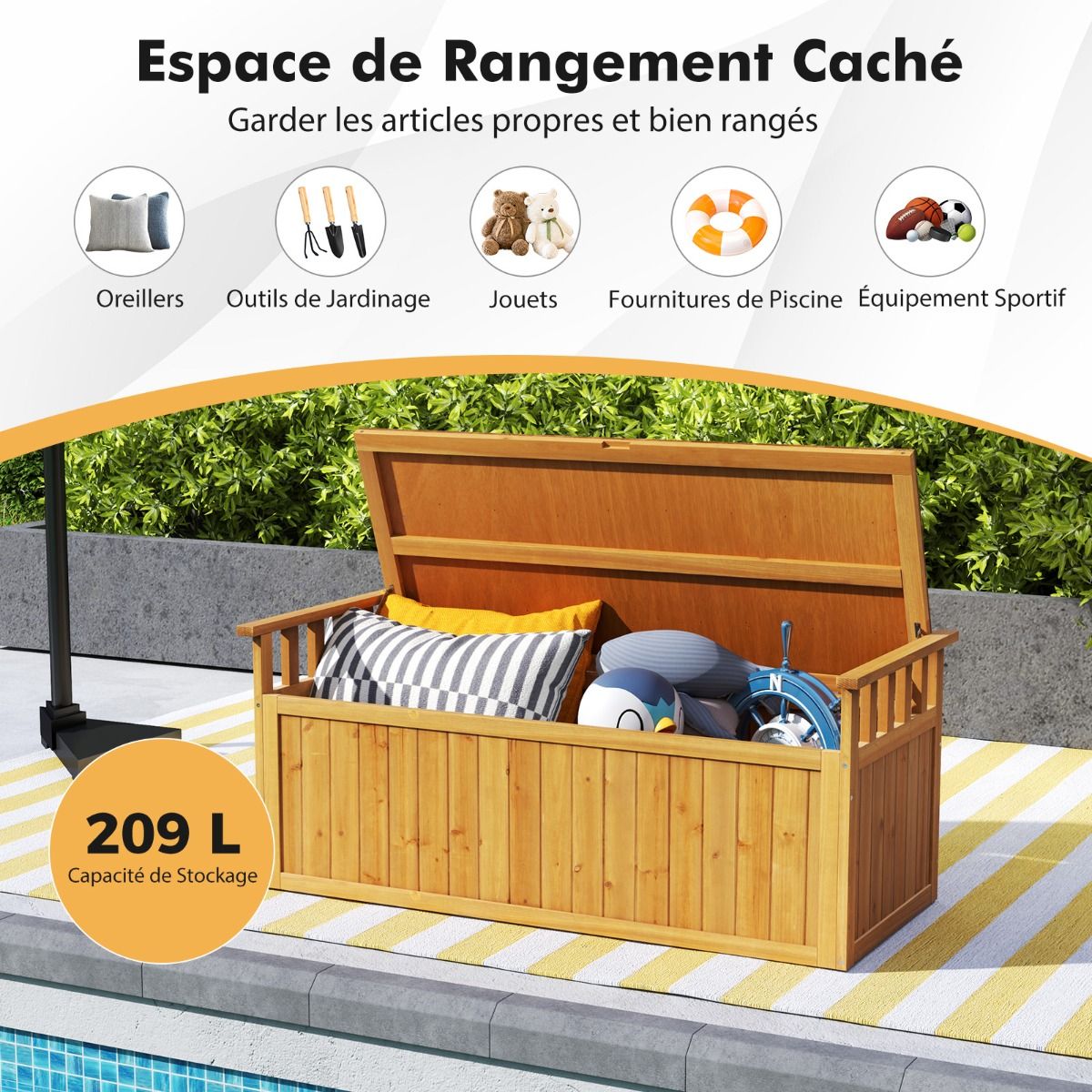 Banc de Rangement en Bois Banc d'Extérieur à 2 Places de 209 L avec Accoudoirs Coffre de Stockage en Bois Charge 100KG Naturel - Lidl-Manfred