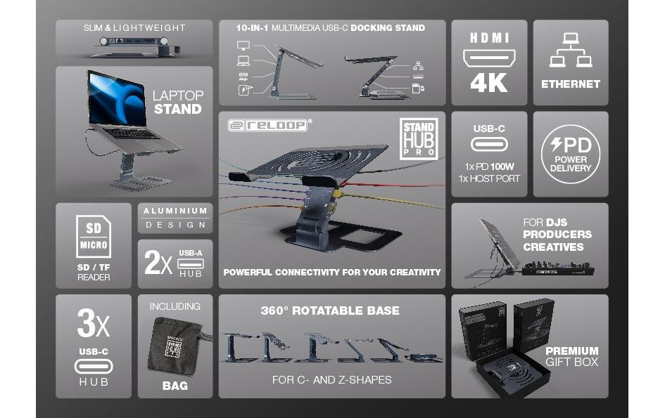 Laptopständer Reloop Stand Hub Pro<br>Laptop-Ständer und 10-in-1-Multimedia-Hub