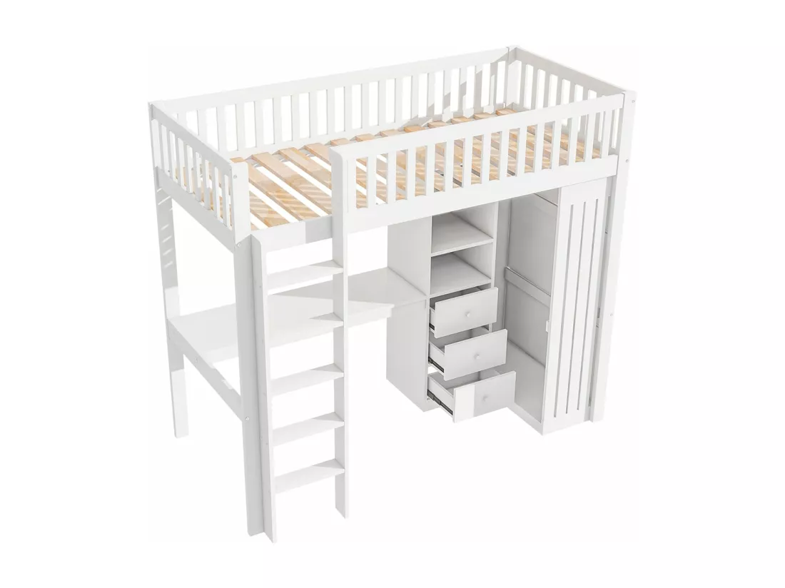 Lit en mezzanine, 90*200 cm, bureau, armoire, 3 tiroirs, rangement ouvert, balustrade, escalier, sans matelas, blanc
