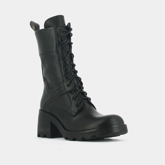 Boots à lacets, talons épais et semelles crantées  en cuir vieilli noir