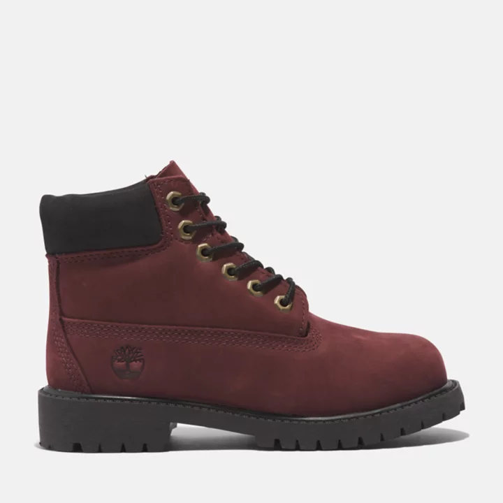 Bota Timberland Premium de 6 polegadas para jovens na cor bordô.