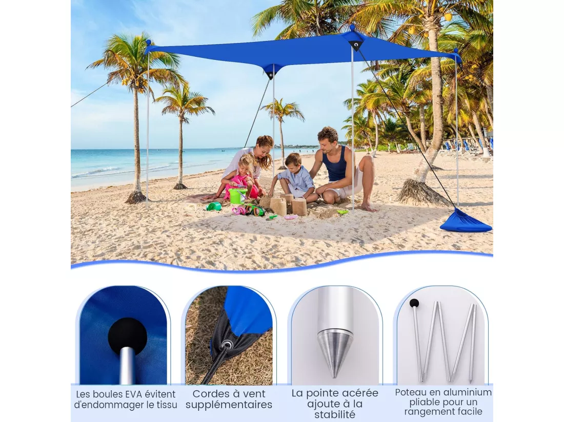 Tente de Plage Portable 3 x 3 M Anti UV UPF50+, Abris Solaire de Plage avec 4 Sacs pour Sable Piquets de Sol 2 Poteaux Sac de Transport, Idéal pour Plage Camping Pêche (Bleu)