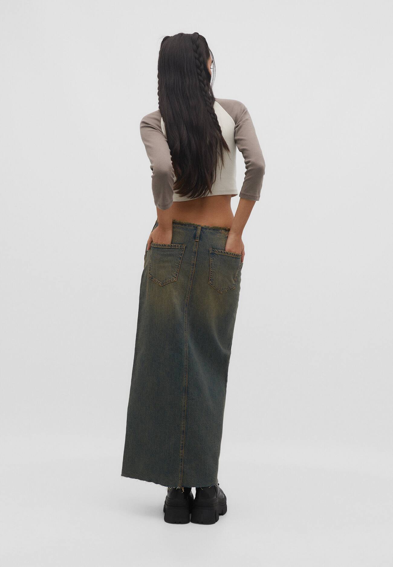 Saia jeans longa de cintura baixa