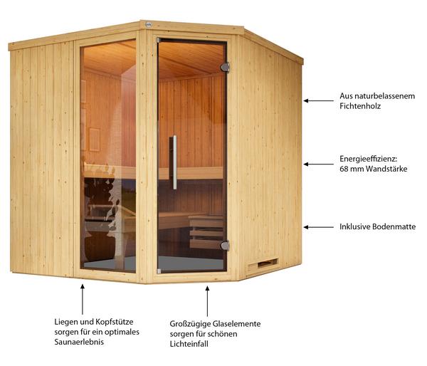 Weka Ecksauna Varberg mit Glastür und Fenster