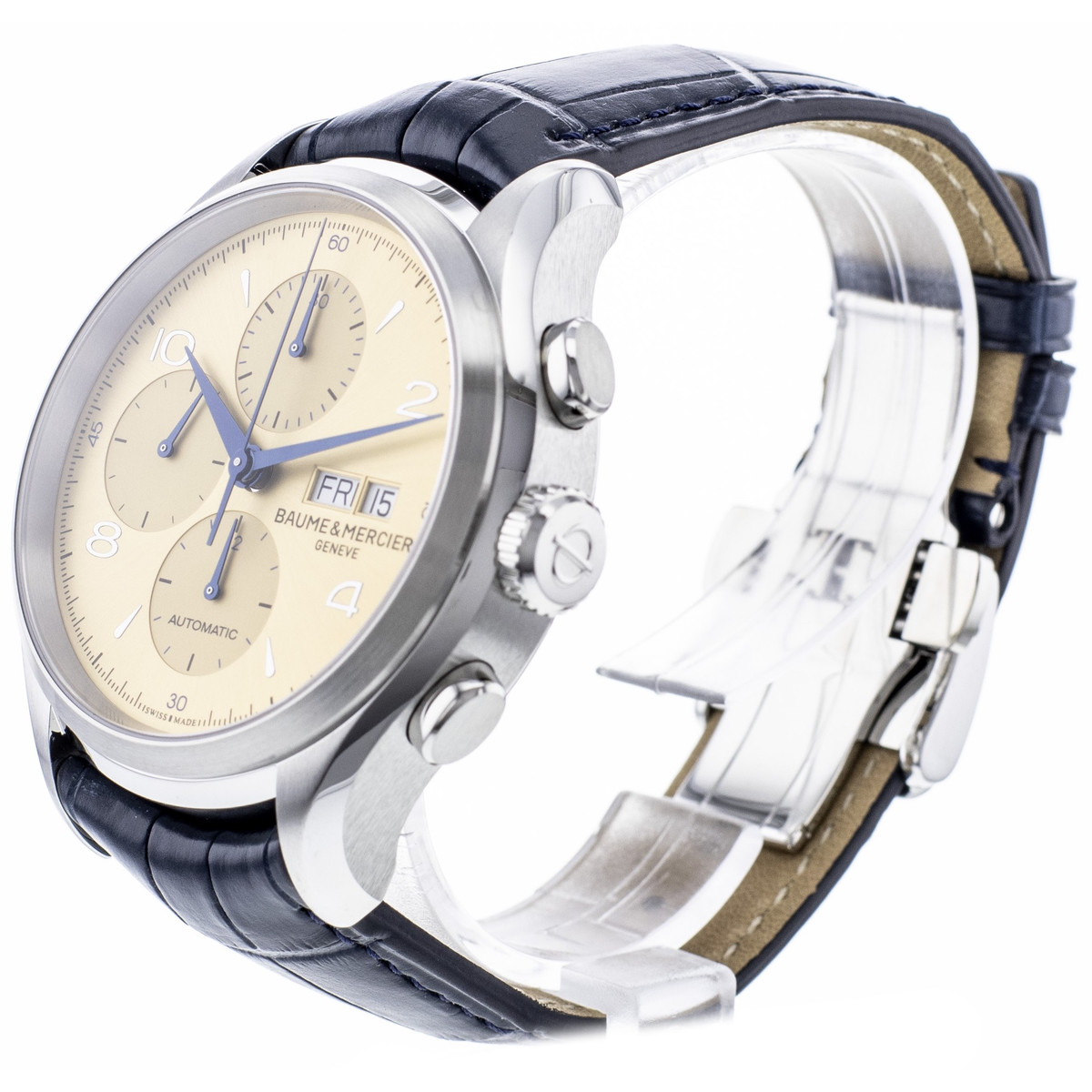 Montre d'occasion Baume et Mercier Clifton homme chronographe acier bracelet cuir