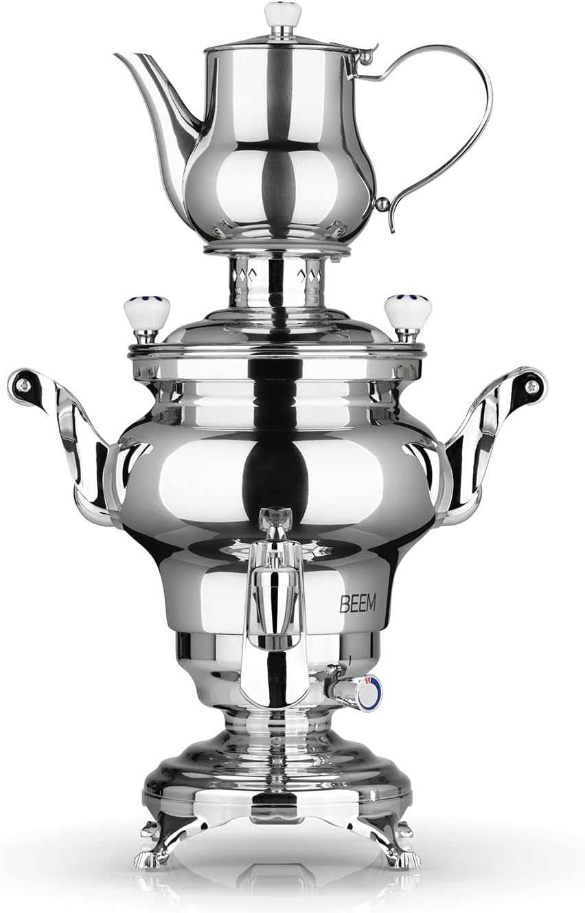 BEEM ODESSA + Samowar - 3 l | Edelstahl | Türkischer Teekocher elektrisch | 1800 W| 1 l Edelstahl-Teekanne mit Sieb | 3 l Wasserkocher | NEU: Dispenser mit Einhand-Bedienung