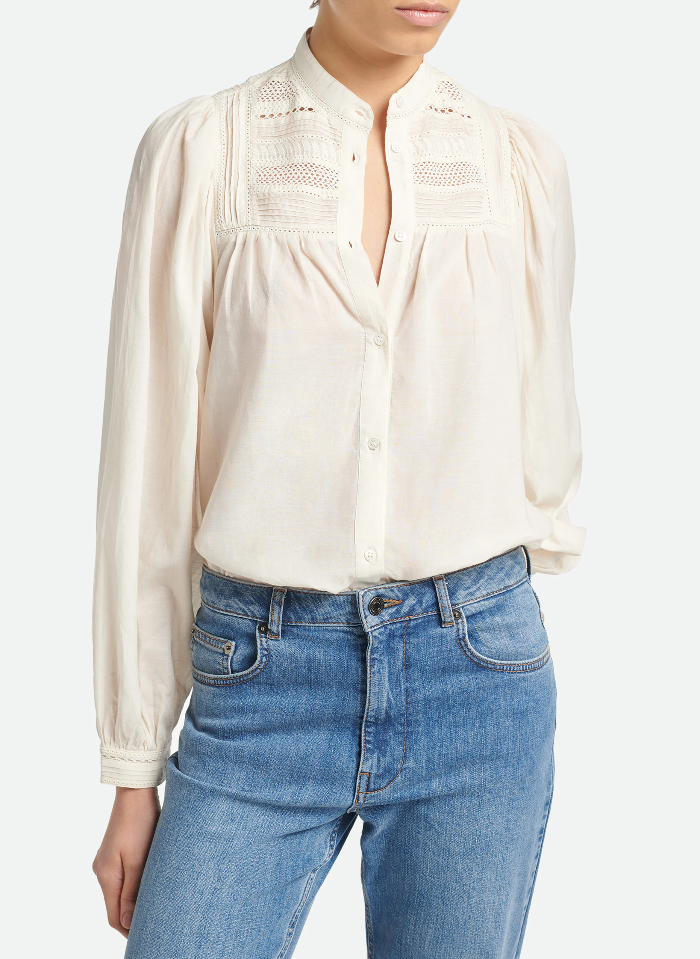 VALDO - Chemise col mao en coton brodé | Blanc