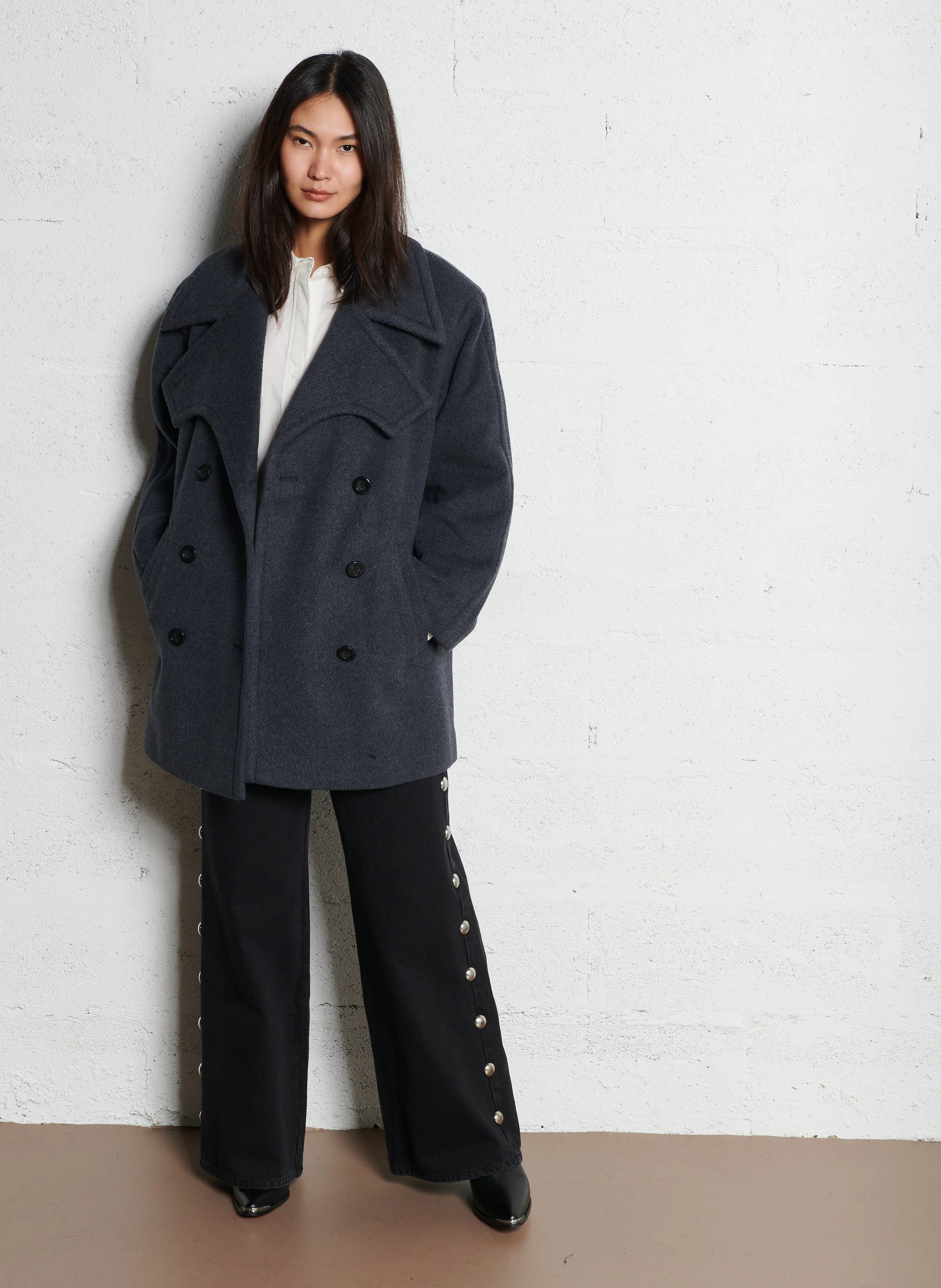 MARTINE - Manteau ample col tailleur en laine mélangée | Noir