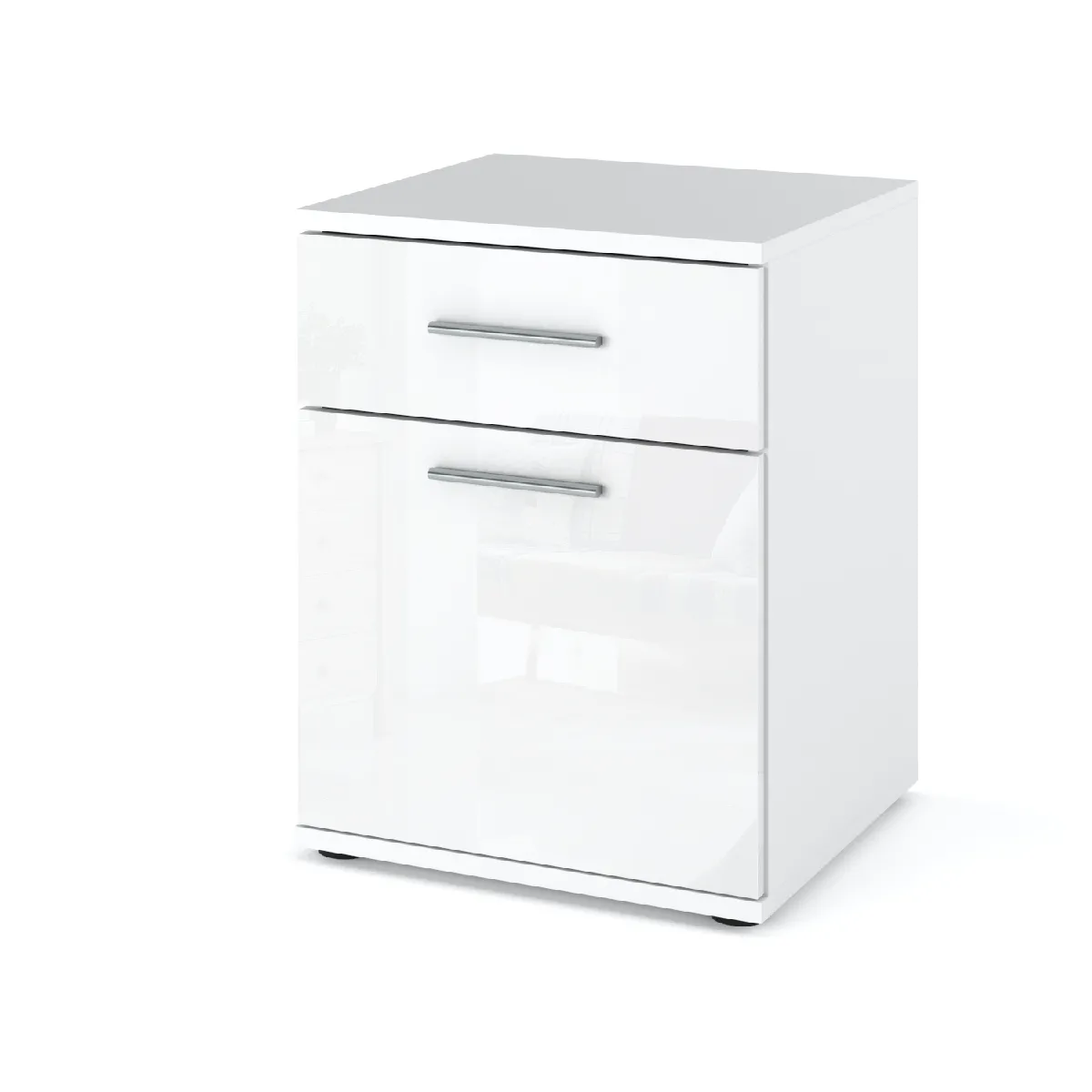 Table de chevet - Beton/Blanc Brillant - 1 tiroir - 1 porte
