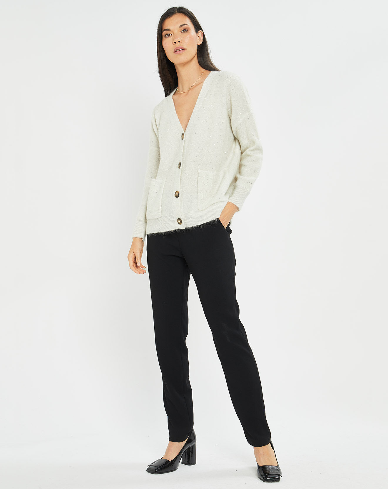 Lauren Vidal Cardigan en Laine & Mohair mélangés Basal à sequins blanc perle