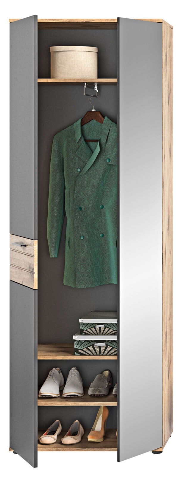 Garderobenschrank Mason, Basalt grau Nox Oak braun 70x200x37 cm