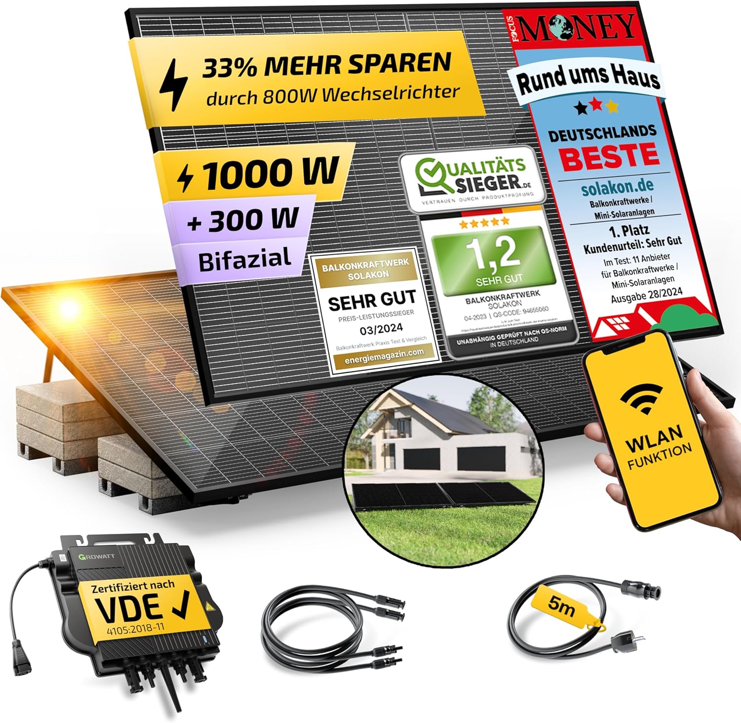 1000W Balkonkraftwerk mit Halterung (Flachdach) - Balkonkraftwerk 800W komplett Steckdose - 800 Watt Wechselrichter - Solaranlage Komplettset - 500W bifaziale Solarmodule inkl. Zubehör
