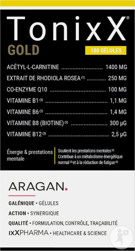 ixX Pharma TonixX Gold Fatigue & Énergie Mentale Rhodiola CoQ10 & Vitamines B 180 Gélules