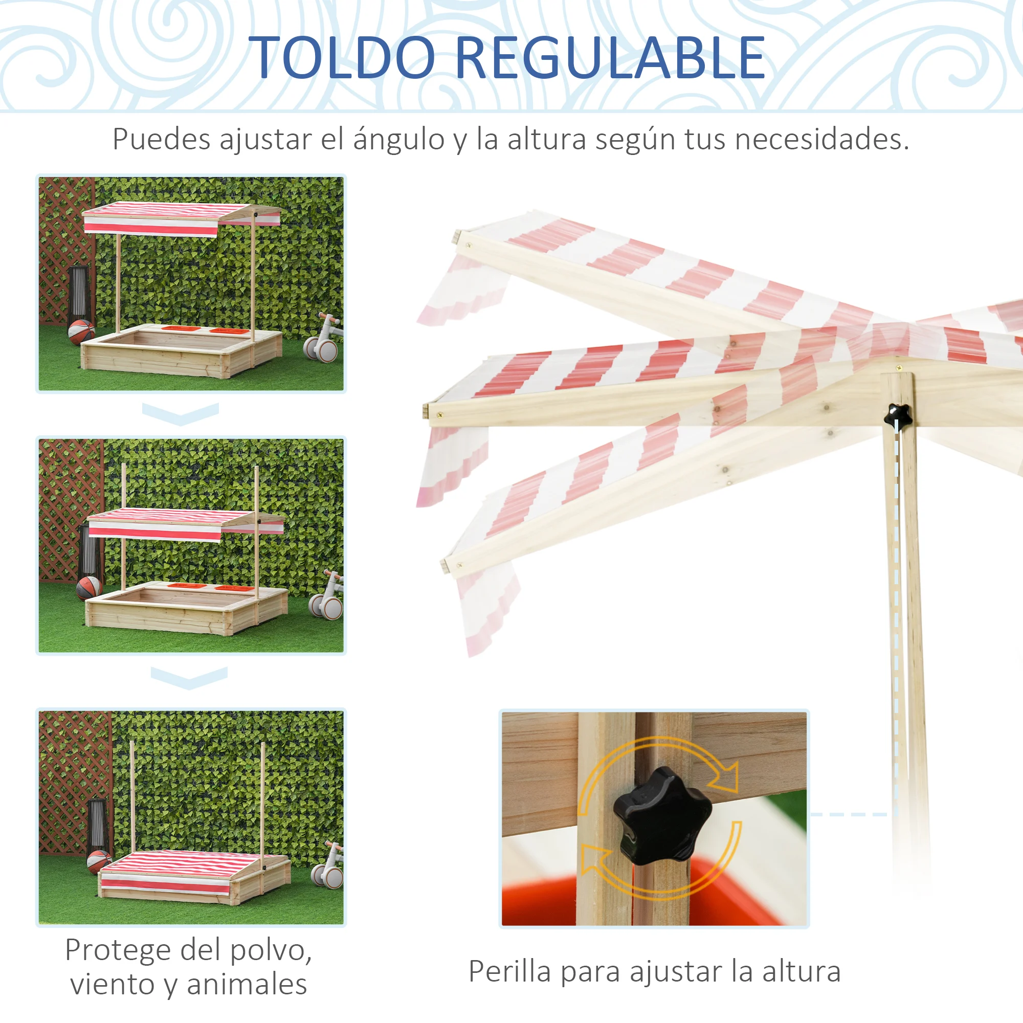 Caixa de areia infantil de madeira Outsunny com teto inclinável ajustável em altura e 2 bandejas auxiliares, caixa de areia para jardim para crianças a partir de 3 anos, 118x118x118 cm, natural e vermelha.