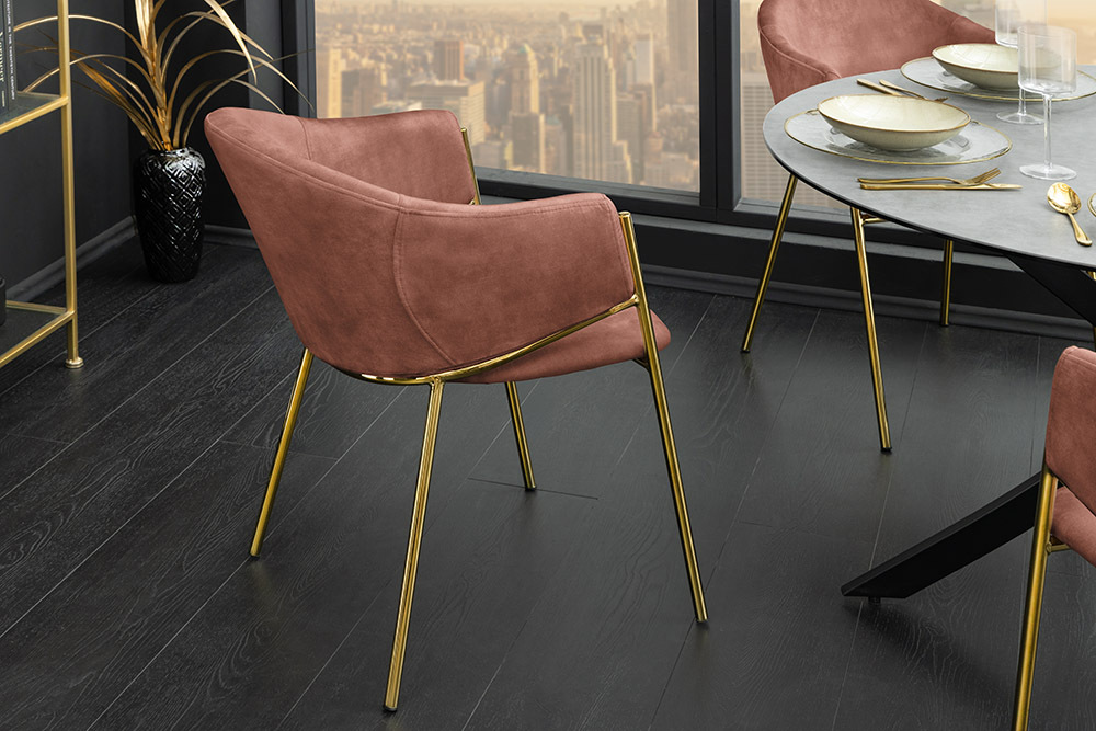 Design Stuhl NOBLESSE rosé Samt golden verchromtes Metallgestell Retro-Look