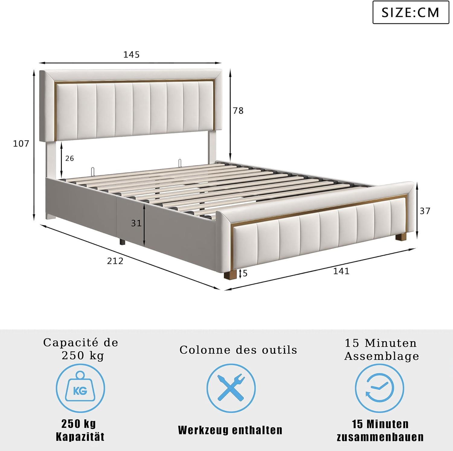 Polsterbett Doppelbett 140 x 200 cm, Gepolstertes bett mit Stauraum, Hydraulikmechanismus & Eleganten goldenen Akzenten, Perfekt für stilvolle Schlafzimmer, Samt, ohne Matratze (Beige, 140x200cm)