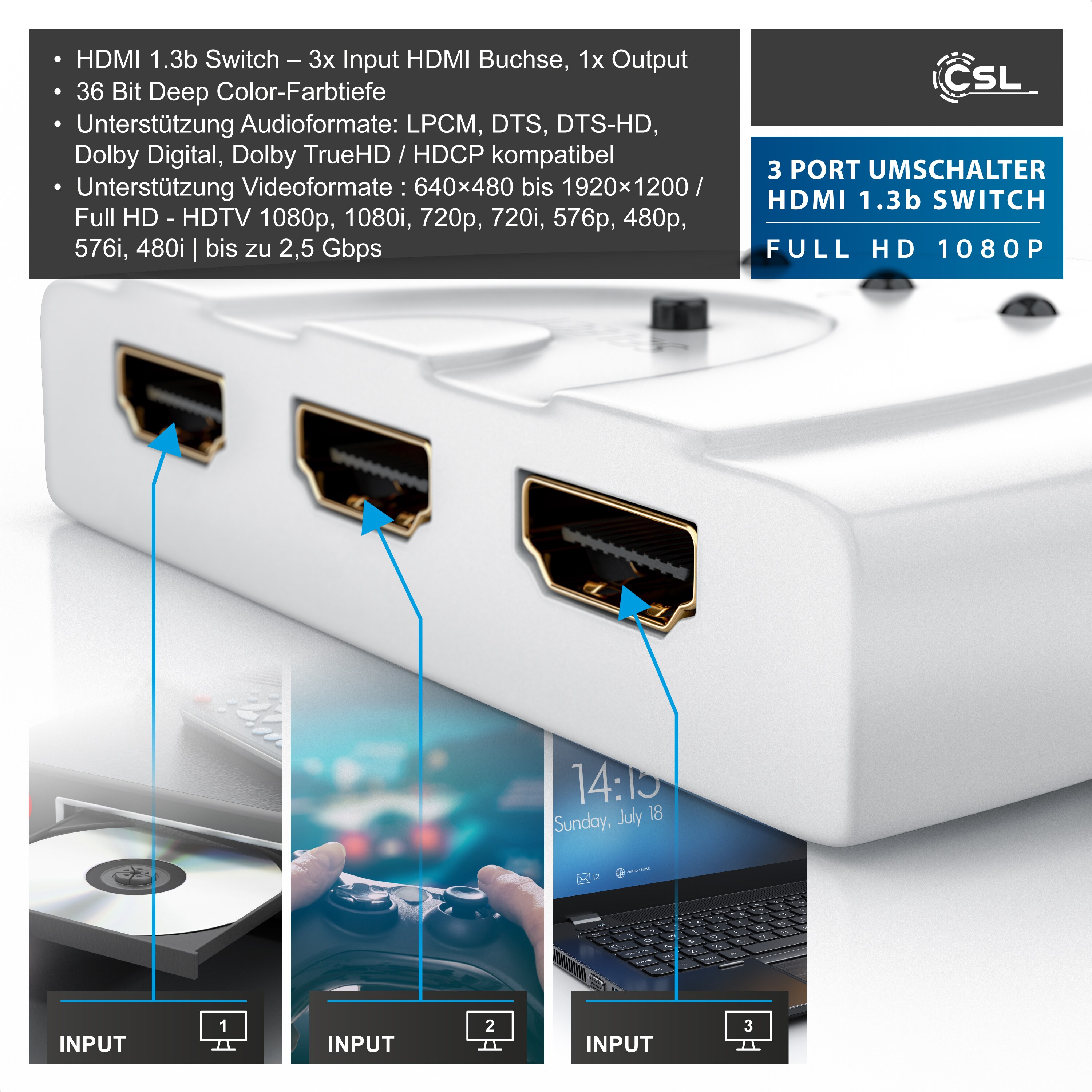 CSL 3-Port HDMI Switch, Full HD, automatische Umschaltung / 3D / HDCP / CEC