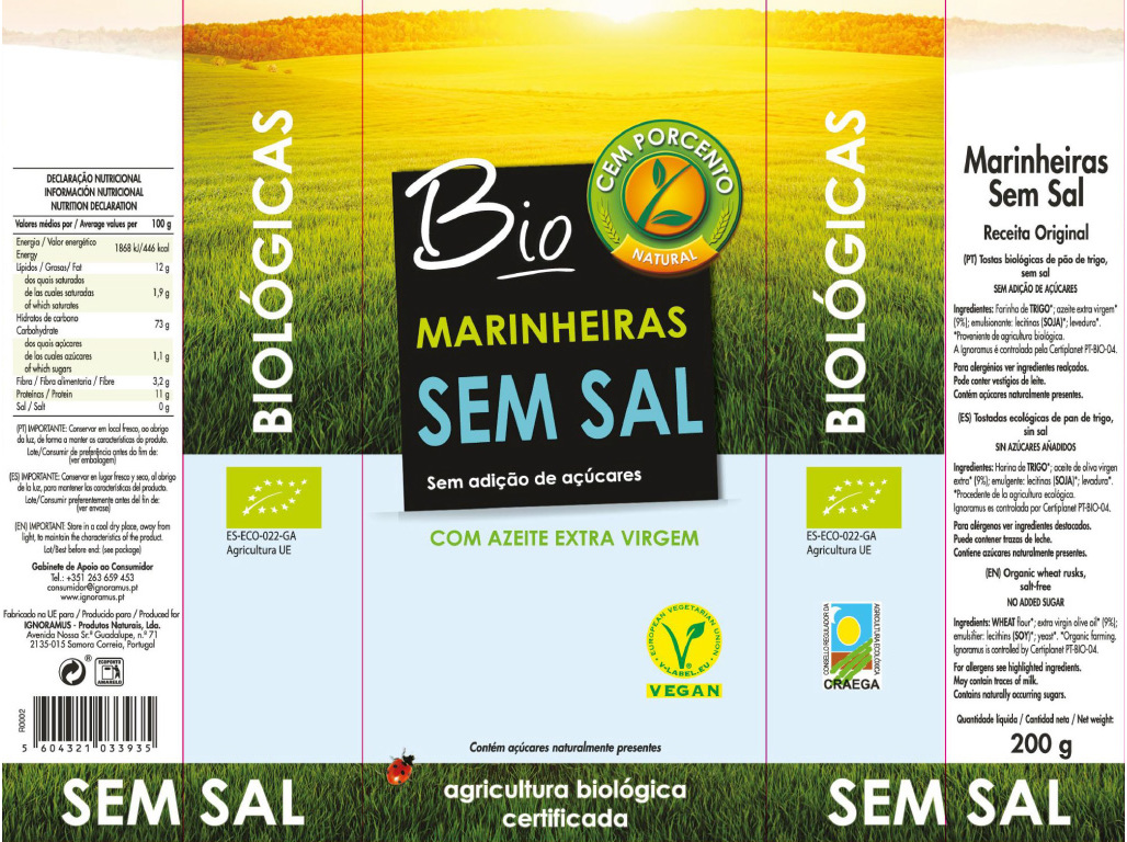 BOLACHA CEM PORCENTO MARINHEIRAS SEM SAL BIO 200G