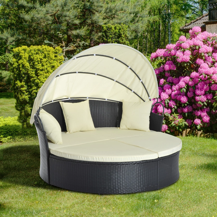 Outsunny Rattan-Sonneninsel inklusive faltbarem Dach schwarz, cremeweiß
