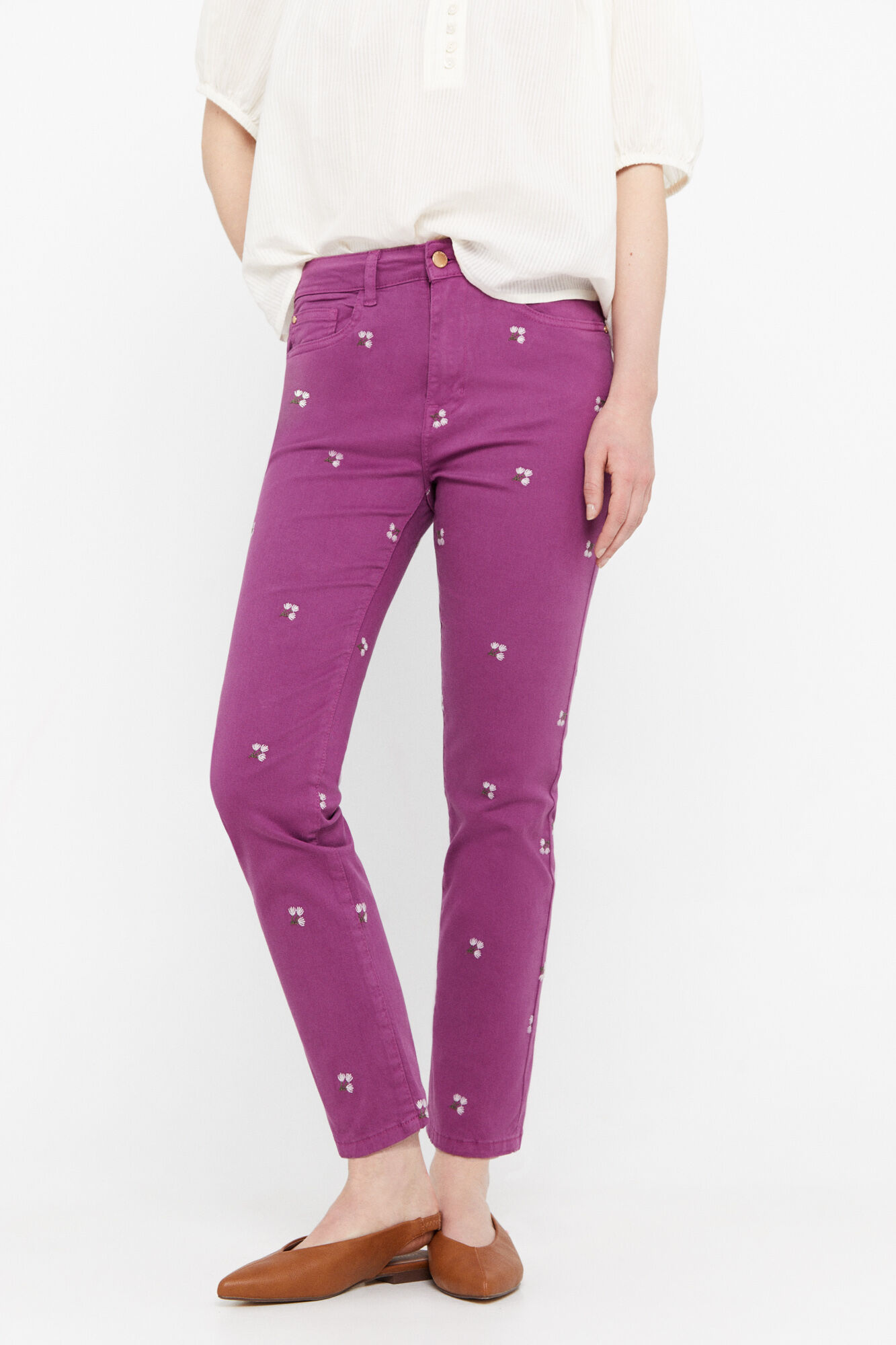 Calça jeans cropped de 5 bolsos - Fúcsia