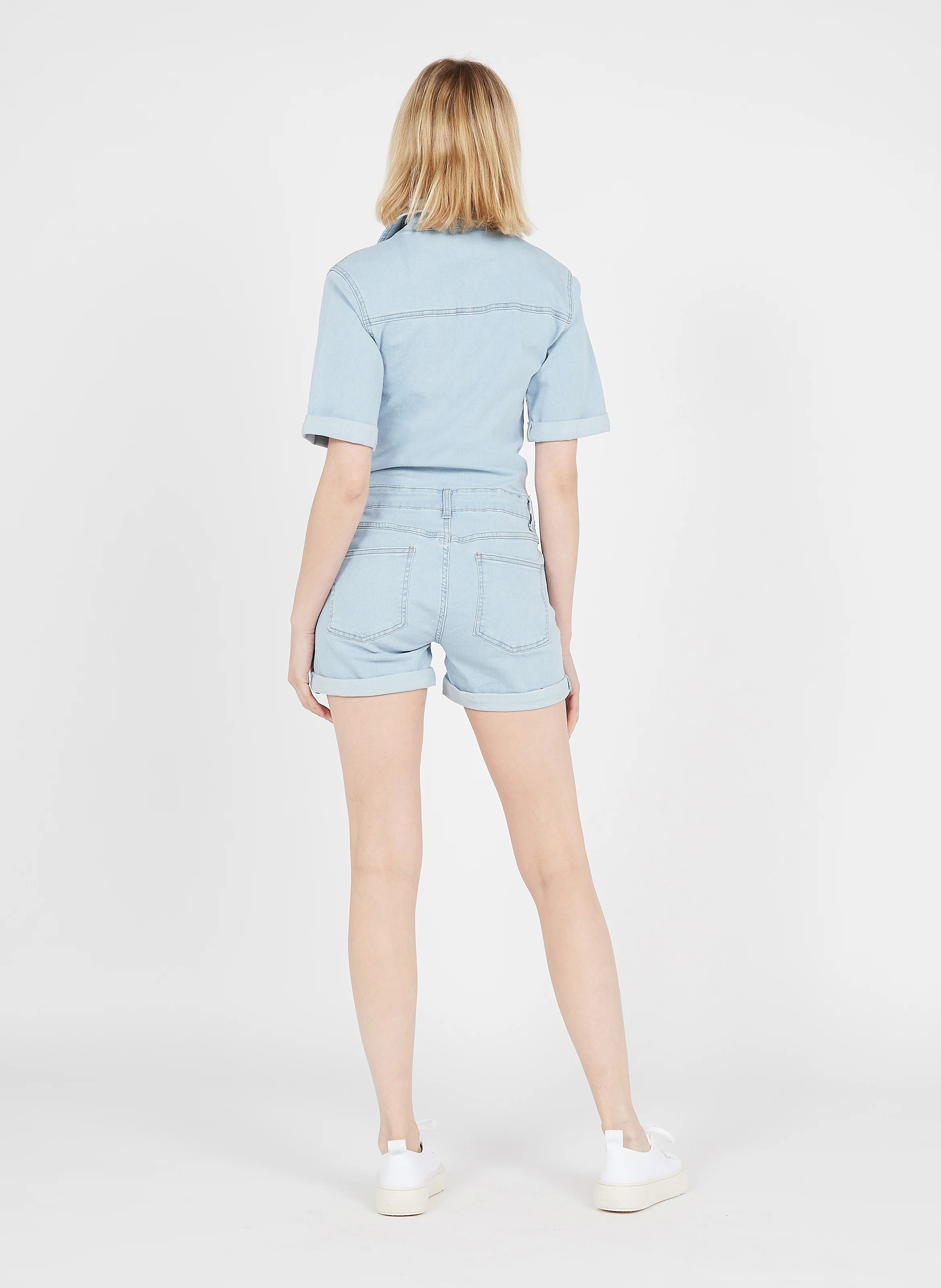 Combi short col classique en jean et coton mélangé| Bleu