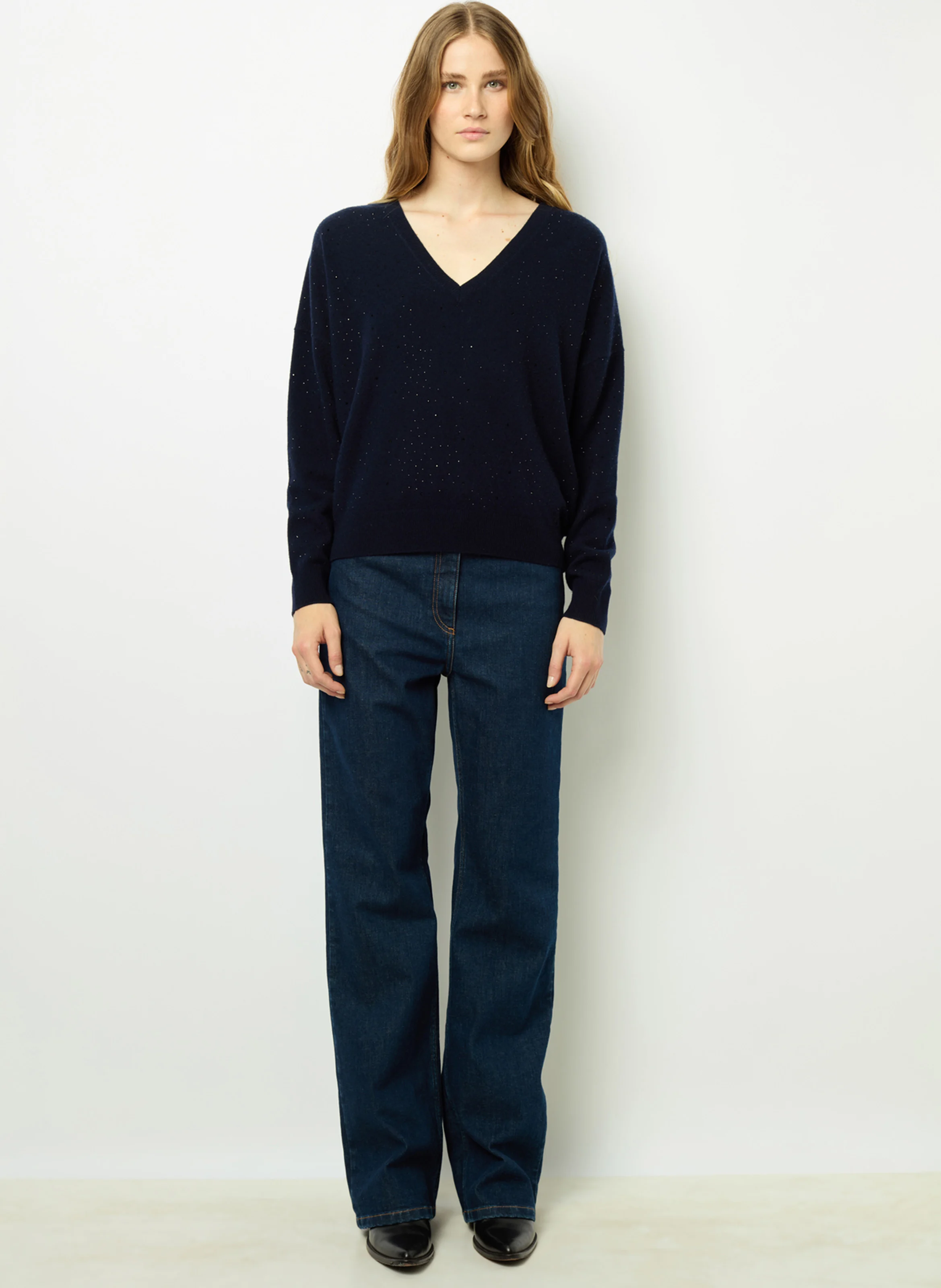 JOHANNE - Pull col V en laine | Bleu