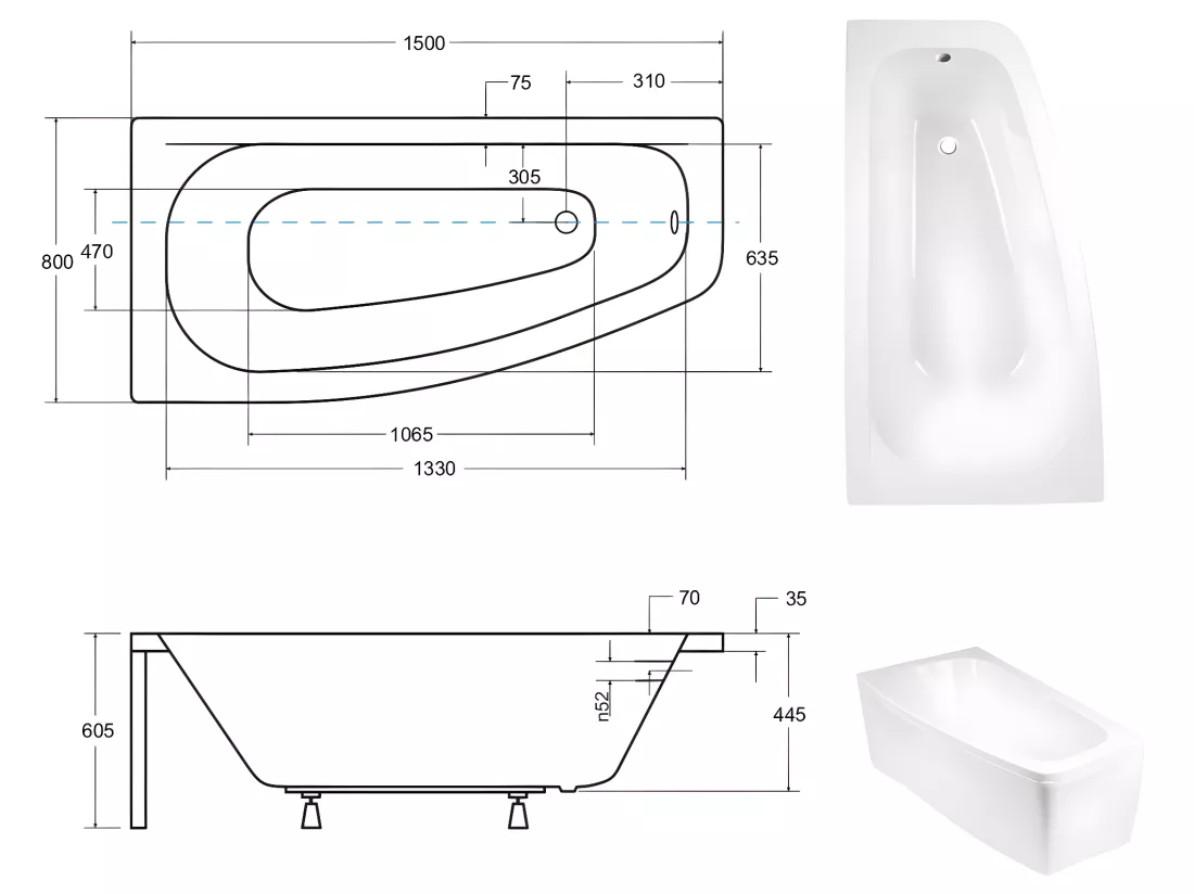 Baignoire asymétrique + tablier blanc + repose tête - LUNA - 150 x 80 cm - Gauche
