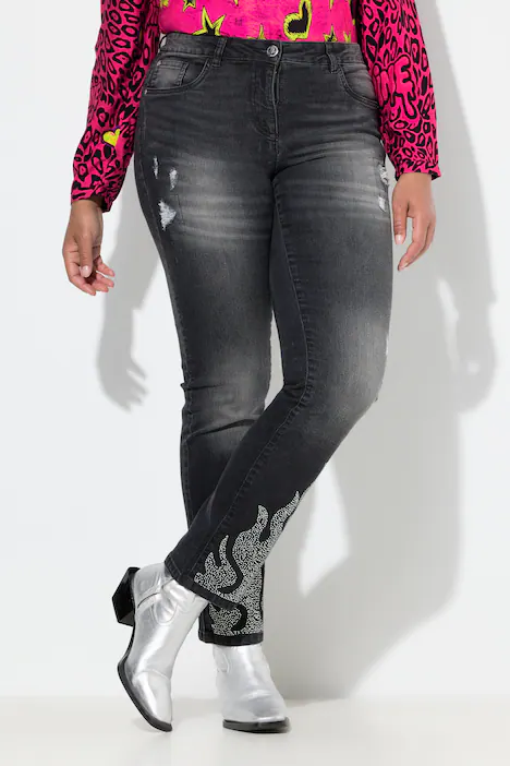 Jeans Paula, gerader Straight Fit, Saum-Flammen, schwarz