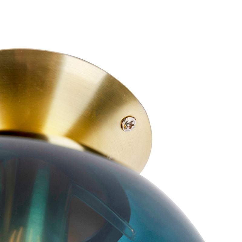Art deco plafondlamp messing met oceaanblauw glas - Pallon