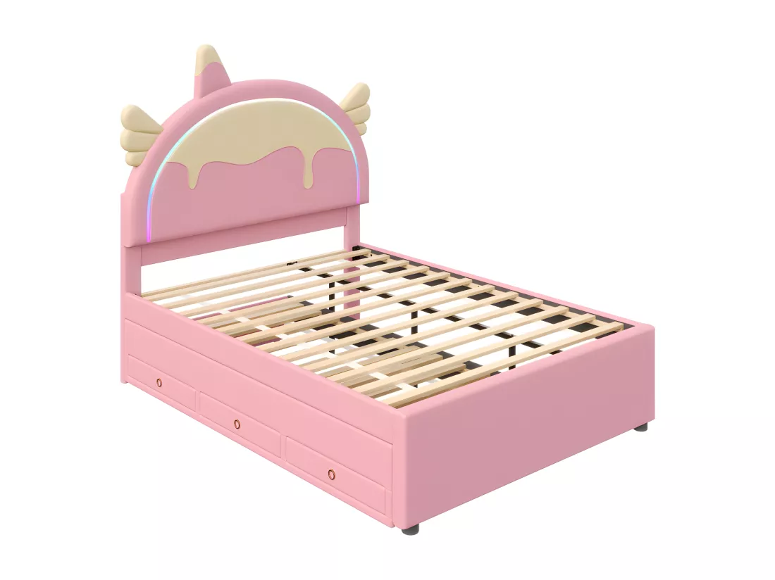 Lit enfant 140x200cm avec un lit gigogne 90x190cm - tête de lit en forme de licorne avec LED - en similicuir - Rose