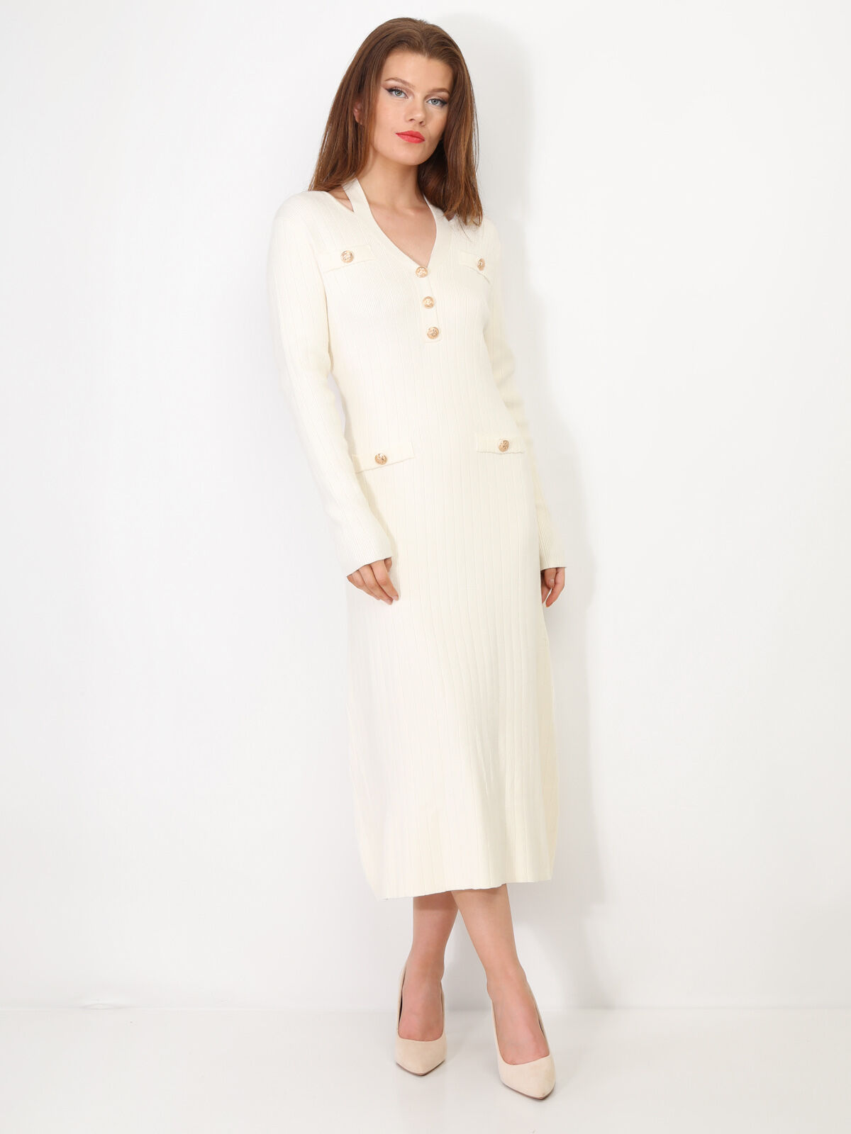 Robe longue cut out à boutons- Blanc
