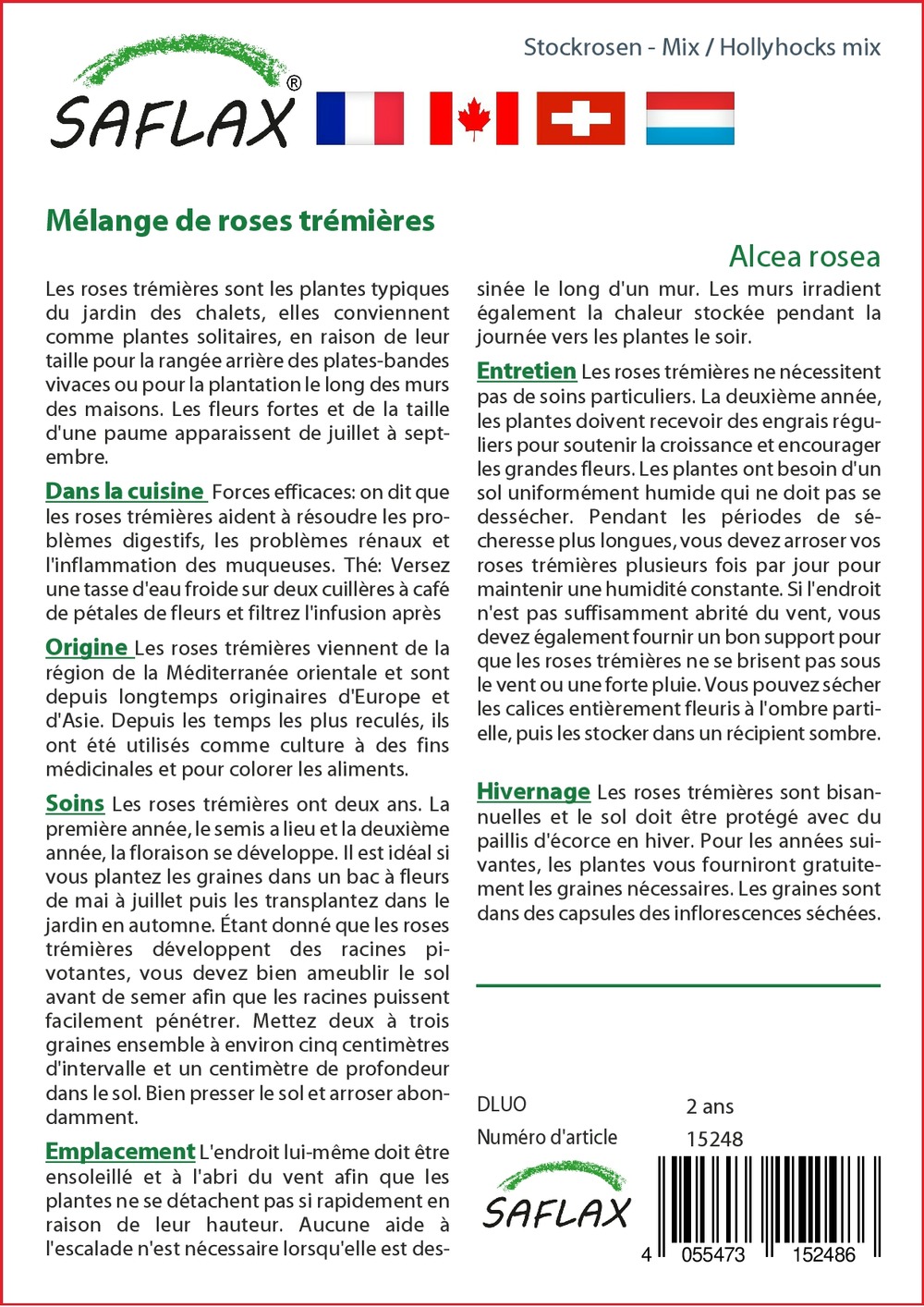 Mélange de roses trémières - 100 graines - avec substrat - alcea rosea