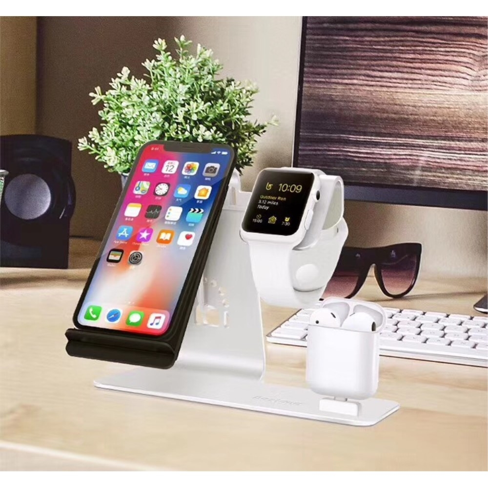 3in1 Magsafe Qi Wireless Fast Charger Ladegerät (10W / 7.5W) für iPhone / Apple Watch / Airpods mit Multifunktions Halterung - Silber