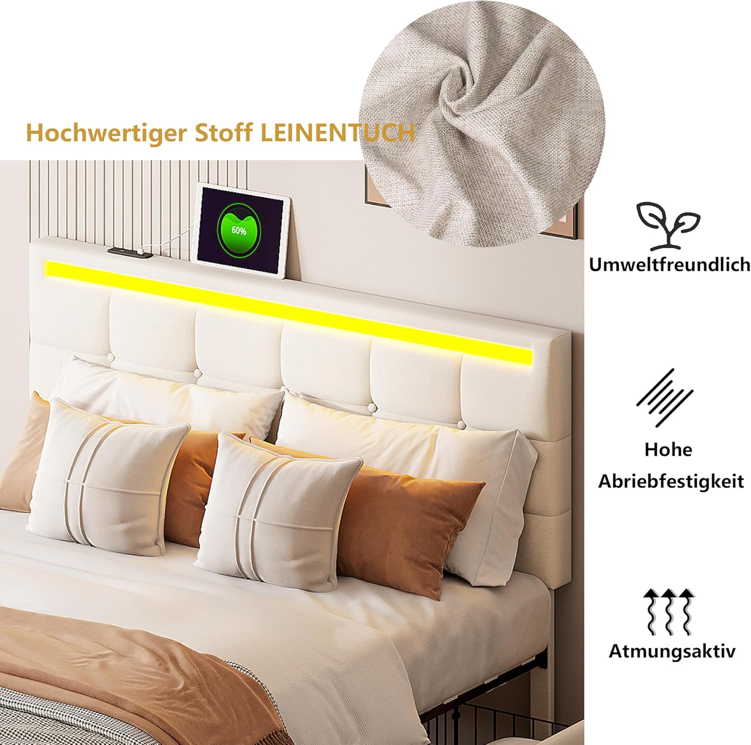 Polsterbett Doppelbett Stauraumbett Funktionbett mit USB-Laden und Stauraum am Kopfteil,Leinen,140x200 cm (Beige)