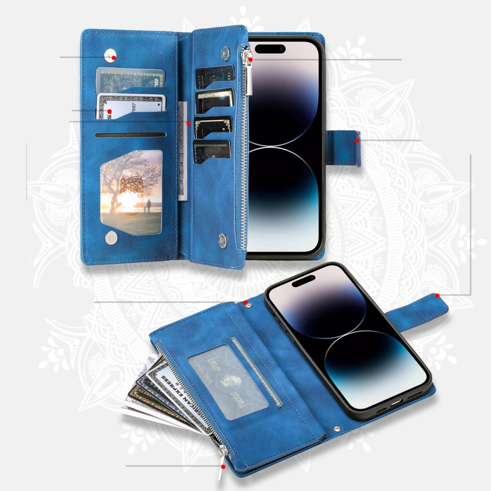 iPhone 16 Pro Leder Tasche Flip Cover mit Reissverschluss - Mandala Flowers Imprint - Blau