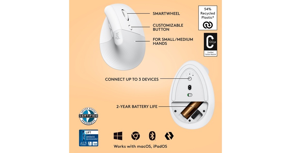 LogitechLift Vertical Ergonomische Muis - Rechtshandig  (Wit/lichtgrijs, Bluetooth, 4000 dpi)