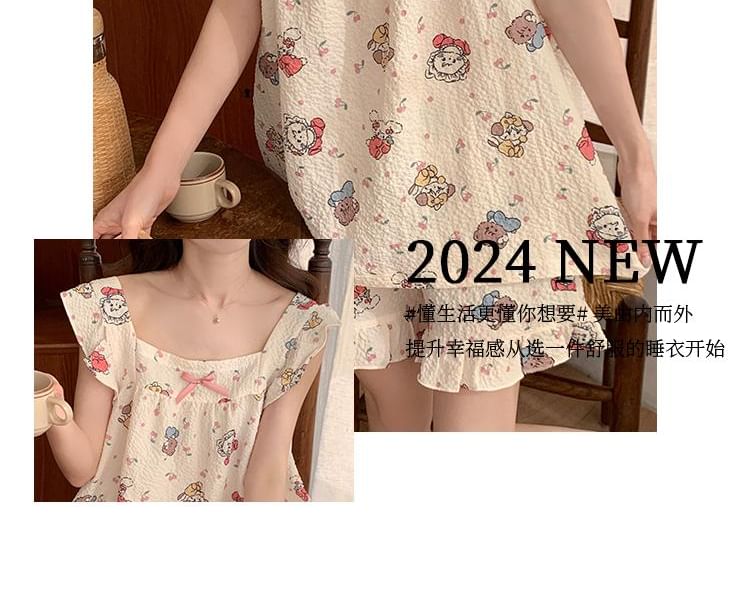 Sweetzer - Pyjamatop met kapmouwen, vierkante hals, cartoonprint en strik / Loungeshorts / Midi-slaapjurk / Set