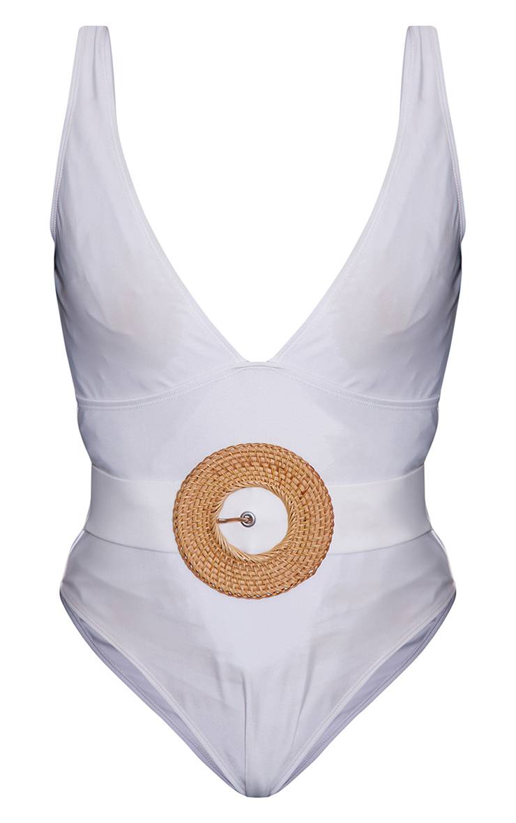 Crème Maillot De Bain Échancré À Décolleté Plongeant Avec Ceinture En Rotin