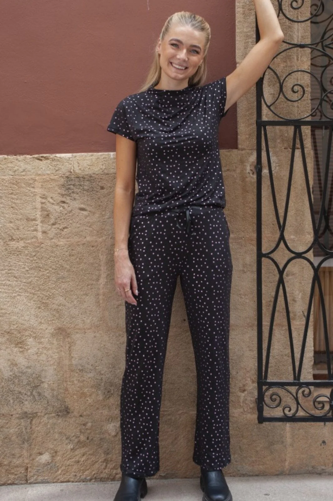 Liberte Alma-Wide-Pants black pink holographic dot