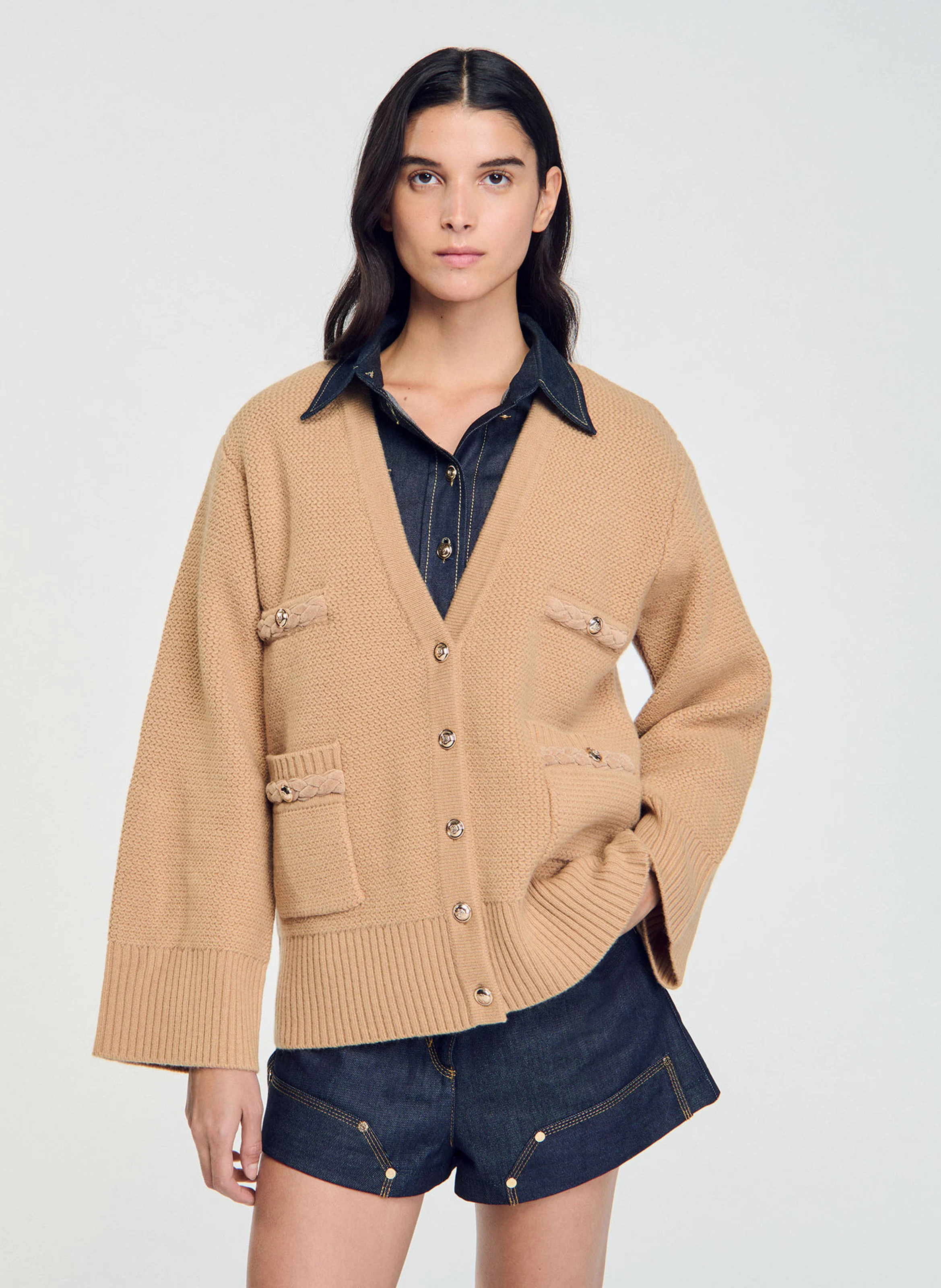 Cardigan ample col V en laine | Marron