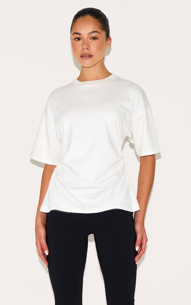 Crème T-shirt À Détail Froncé Sur Les Côtés