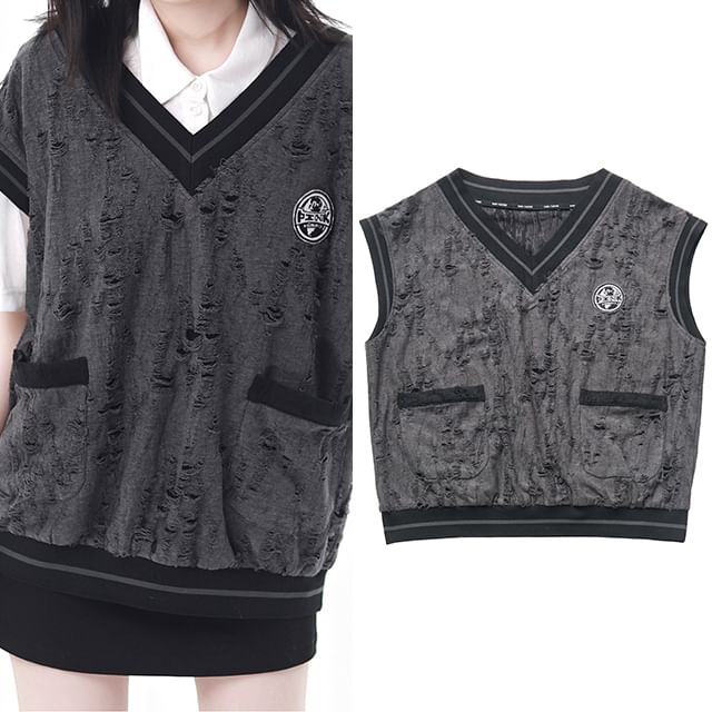 Florimi - V-hals logo contrasterende rand distressed sweatervest
