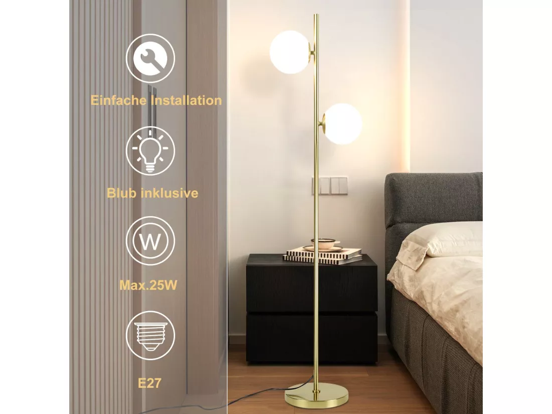 NETTLIFE Lampadaire Salon Moderne - Gold Design Lampadaire E27 Douille Lampe de sol avec interrupteur à pied -166cm