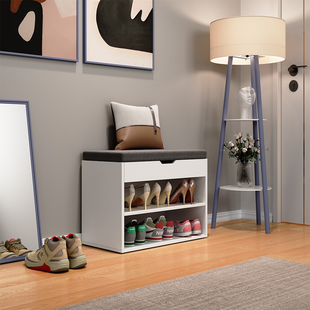 Oskar-Store Schuhbank Titus Weiß, 60 x 45 cm, Schuhregal mit Sitz, Klappdeckel, Fächer