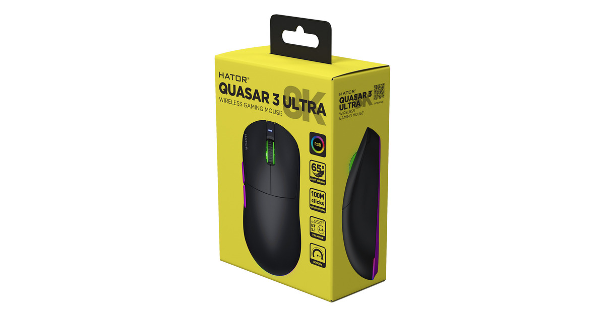 HatorQuasar 3 Ultra 8K Wireless gaming muis  (Zwart, 400 - 30.000 DPI, RGB, 2.4GHz / Bluetooth 5.1 / USB)