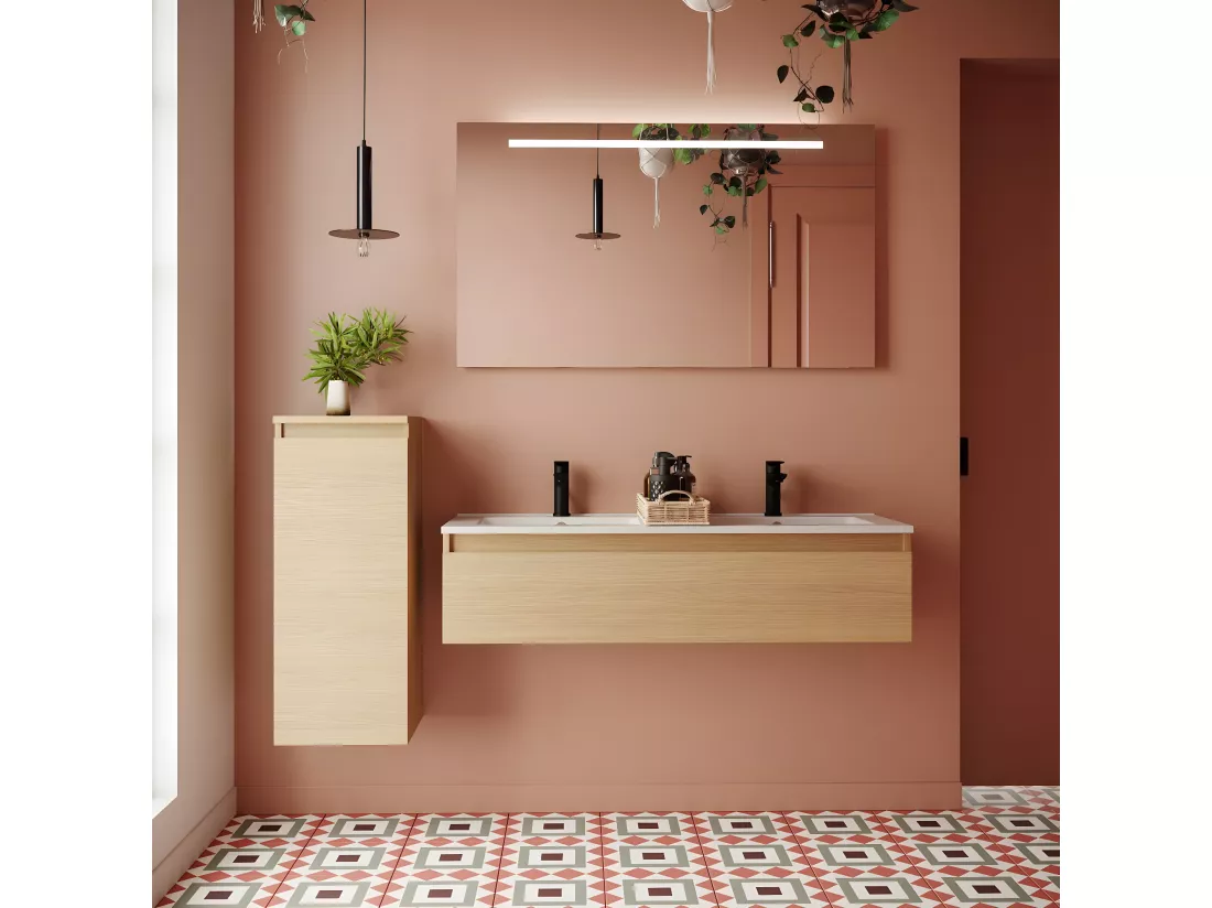 Meuble de salle de bain suspendu double vasque intégrée 120cm 1 tiroir Chêne clair - Hudson